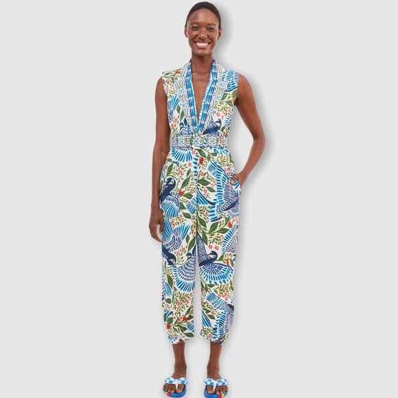 FARM Rio Pants - Farm Rio Off White Macaw Flight Canvas Jumpsuit